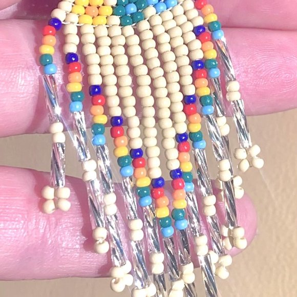 3 5/8" Boho Beige Hand Beaded Multicolor Flowers Floral Tassel Dangle Earrings - Picture 3 of 4